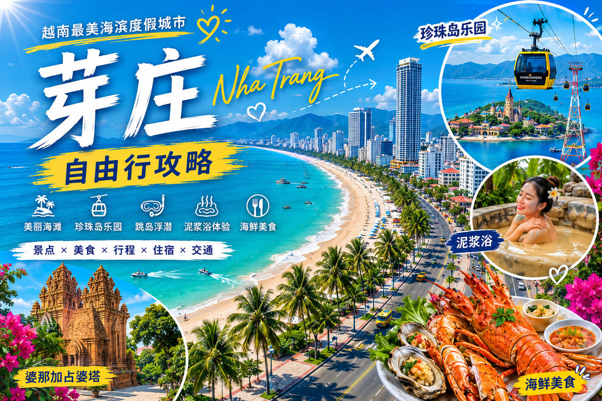 越南芽庄海滩蓝色海岸线与热带度假风景，芽庄自由行旅游攻略